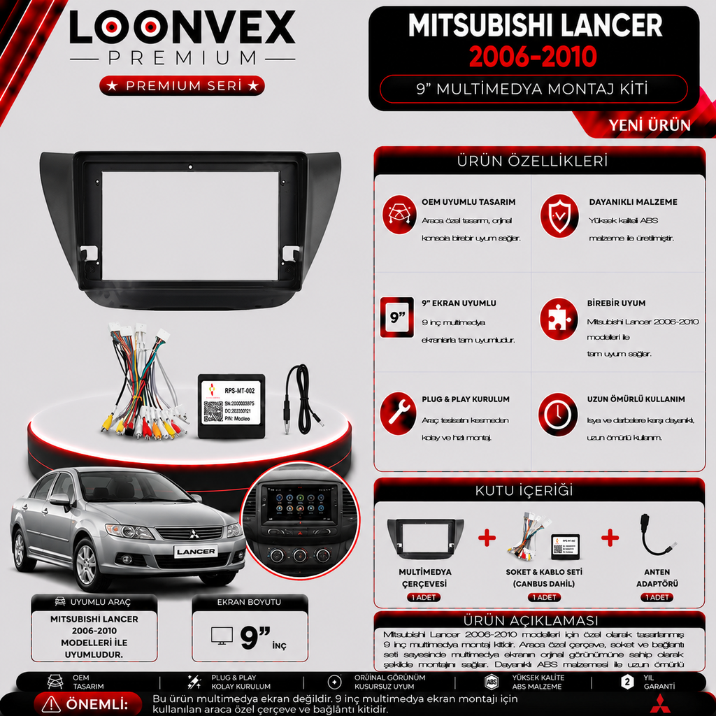 PREMIUM MITSUBISHI LANCER 2006-2010 9" MULTİMEDYA MONTAJ KİTİ