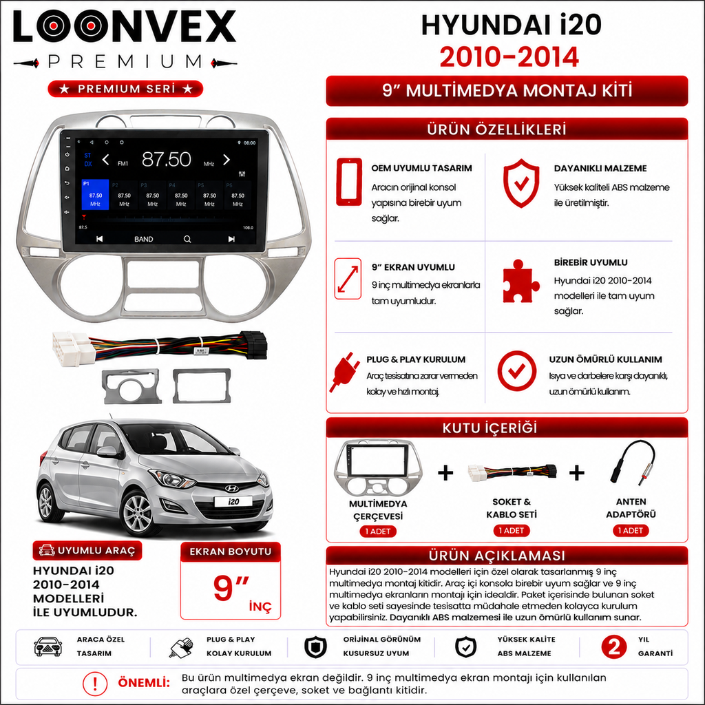 PREMIUM – HYUNDAI i20 2010-2014 9" MULTİMEDYA ÇERÇEVE + SOKET KİTİ