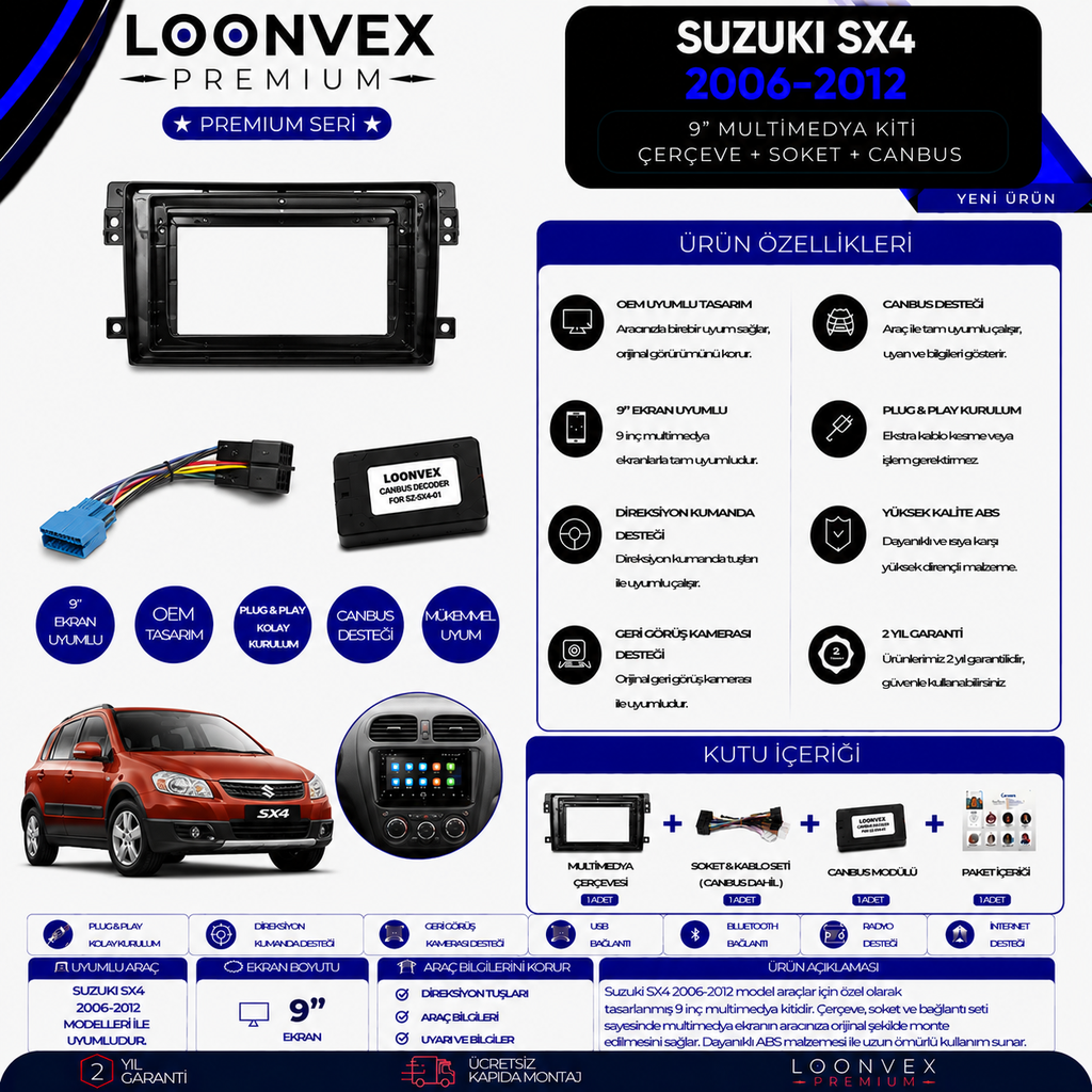 [LNV-CER-0290] Premium Suzuki SX4 2006-2012 9 İnç Multimedya Çerçeve + Soket + CANBUS Montaj Kiti