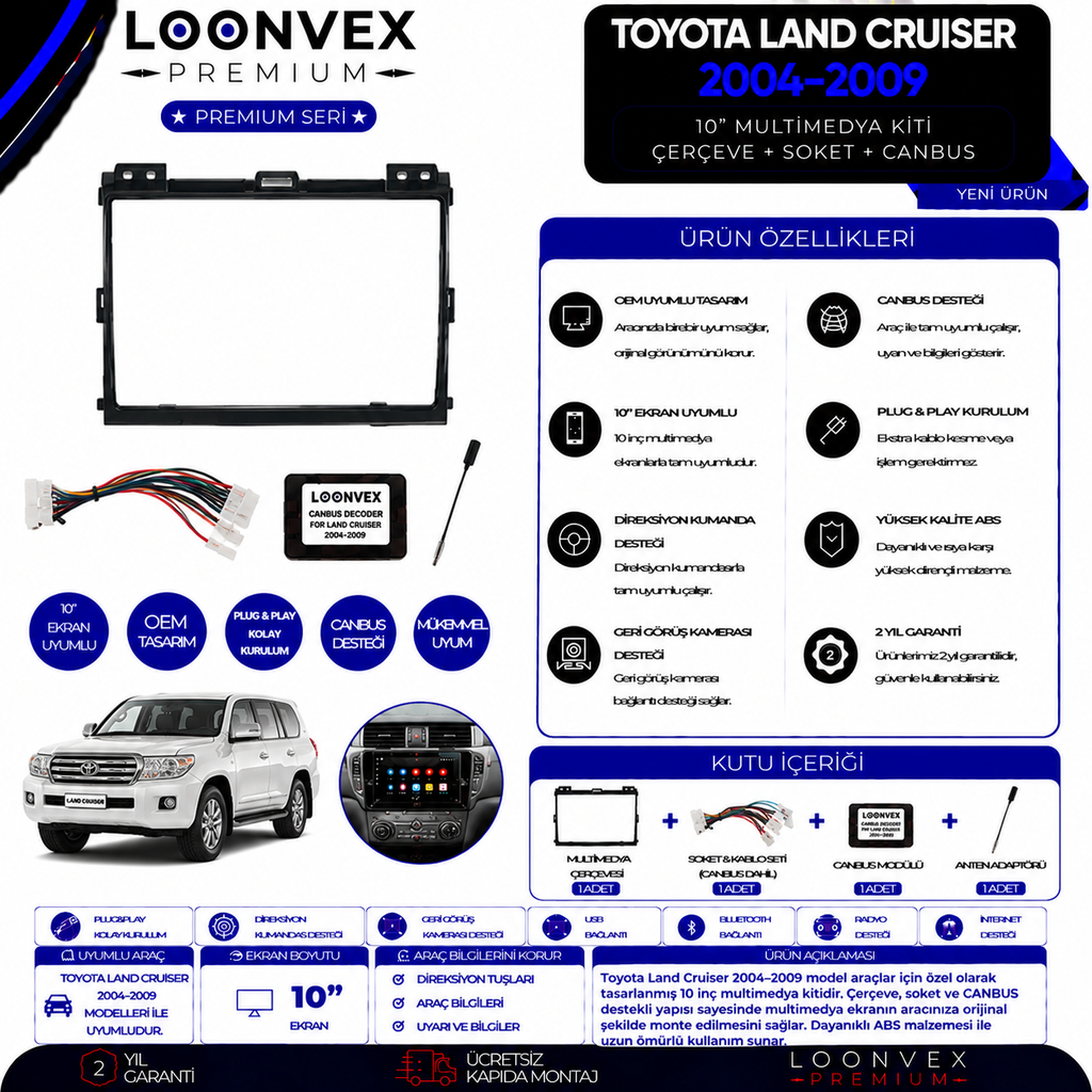 [LNV-CER-0305] Premium Toyota Land Cruiser 2004-2009 10 İnç Multimedya Çerçeve + Soket + CANBUS Montaj Kiti