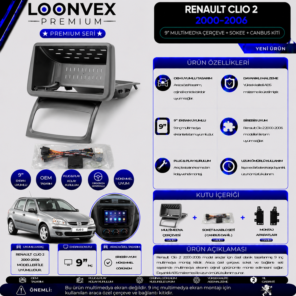 Premium Renault Clio 2 2000-2006 9 İnç Multimedya Çerçeve + Soket + CANBUS Montaj Kiti