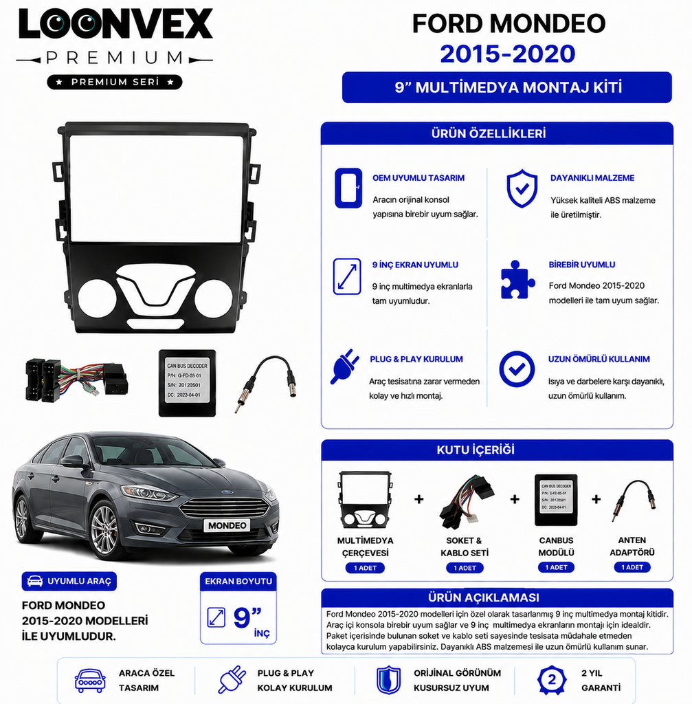 PREMIUM – FORD MONDEO 2015-2020 9" MULTİMEDYA ÇERÇEVE + SOKET KİTİ