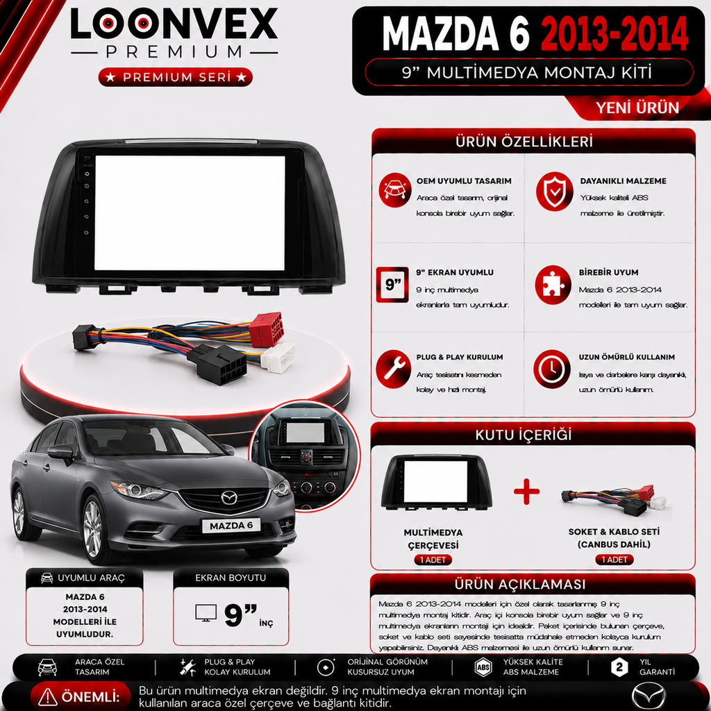 PREMIUM MAZDA 6 2013-2014 9" MULTİMEDYA MONTAJ KİTİ