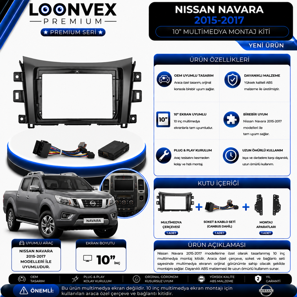 [LNV-CER-0212] Premium Nissan Navara 2015-2017 10 İnç Multimedya Çerçeve ve Soket Montaj Kiti