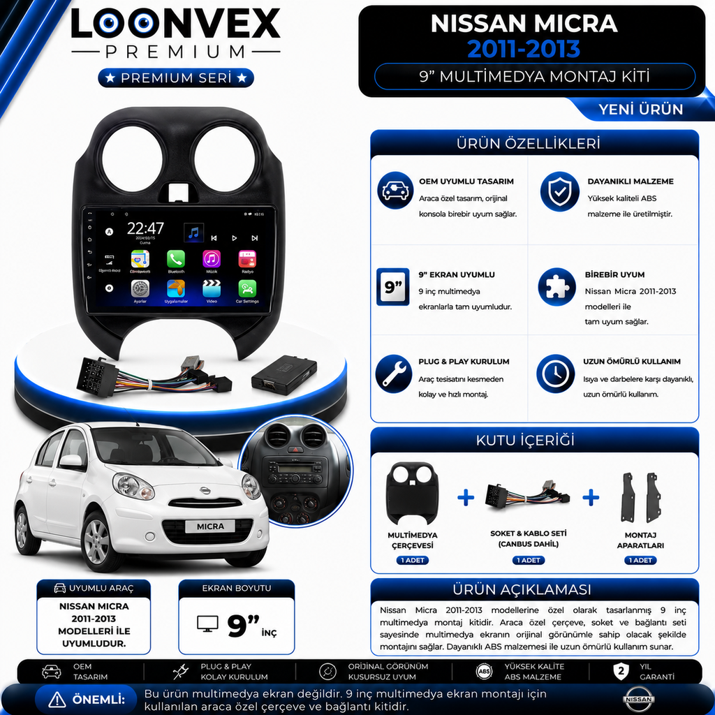 [LNV-CER-0209] Premium Nissan Micra 2011-2013 9 İnç Multimedya Çerçeve ve Soket Montaj Kiti
