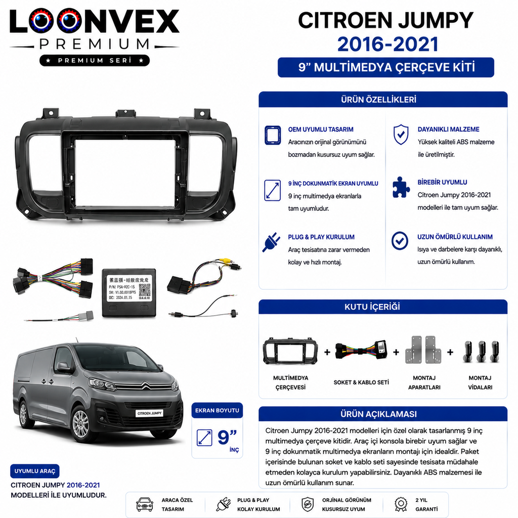 [LNV-CER-0030] Citroen Jumpy 2016-2021 9 İnç Multimedya Çerçeve + Soket Seti OEM Uyumlu