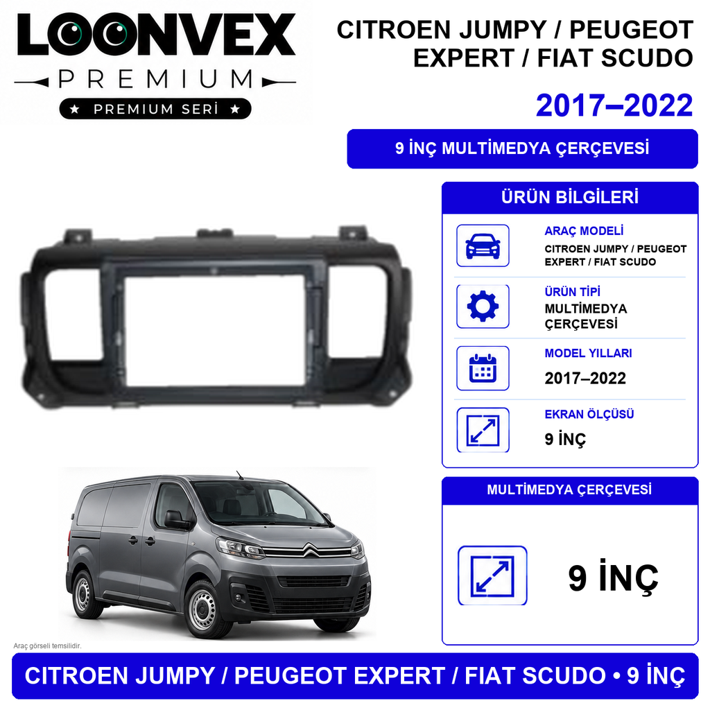 [LNV-CER-0030] LOONVEX Citroen Jumpy 2016-2021 9 İnç Multimedya Çerçeve + Soket Seti OEM Uyumlu