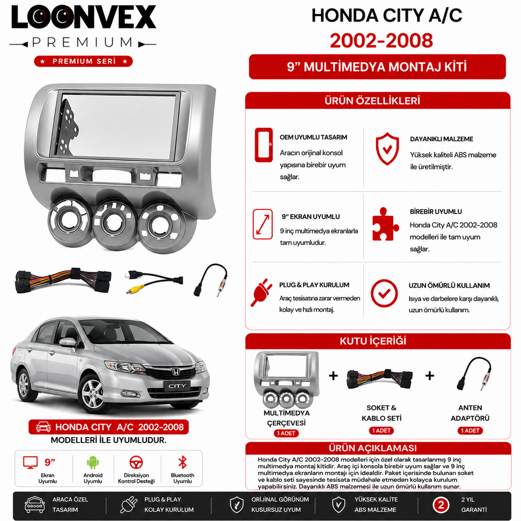 PREMIUM – HONDA CITY A/C 2002-2008 9" MULTİMEDYA ÇERÇEVE + SOKET KİTİ