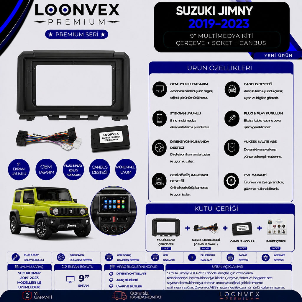 Premium Suzuki Jimny 2019-2023 9 İnç Multimedya Çerçeve + Soket + CANBUS Montaj Kiti