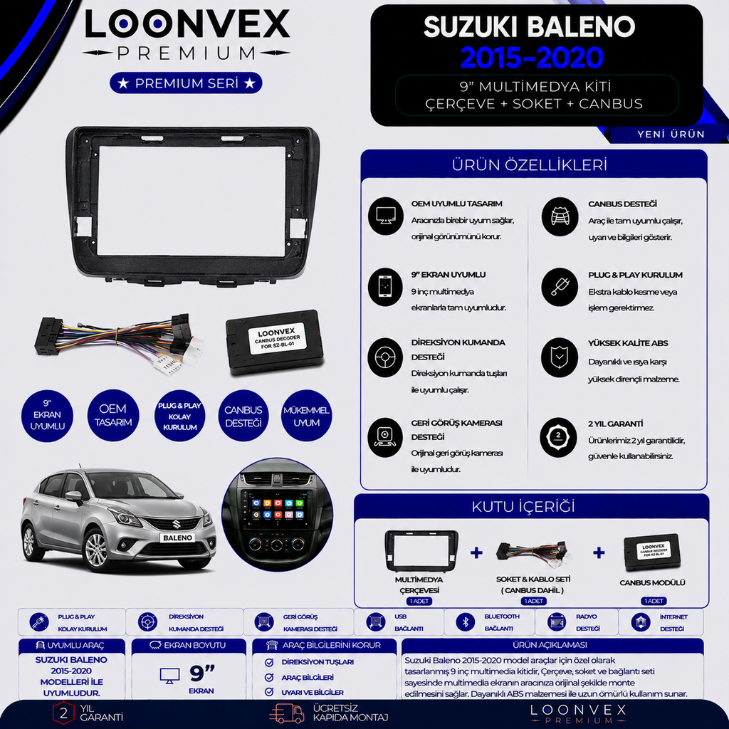 [LNV-CER-0283] Premium Suzuki Baleno 2015-2020 9 İnç Multimedya Çerçeve + Soket + CANBUS Montaj Kiti