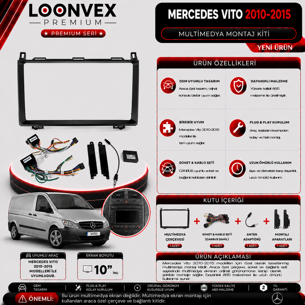 [LNV-CER-0200] PREMIUM MERCEDES VITO 2010-2015 10" MULTİMEDYA MONTAJ KİTİ