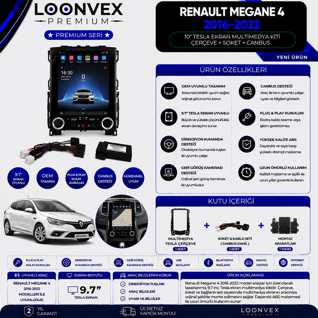 [LNV-CER-0256] Premium Renault Megane 4 Tesla 9.7 İnç Multimedya Çerçeve + Soket + CANBUS Montaj Kiti