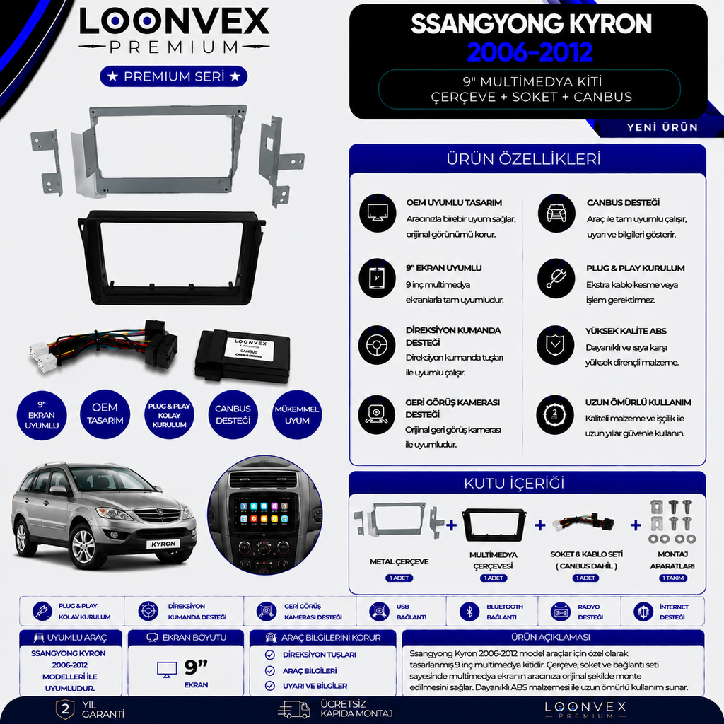 [LNV-CER-0264] Premium SsangYong Kyron 2006-2012 9 İnç Multimedya Çerçeve + Soket + CANBUS Montaj Kiti