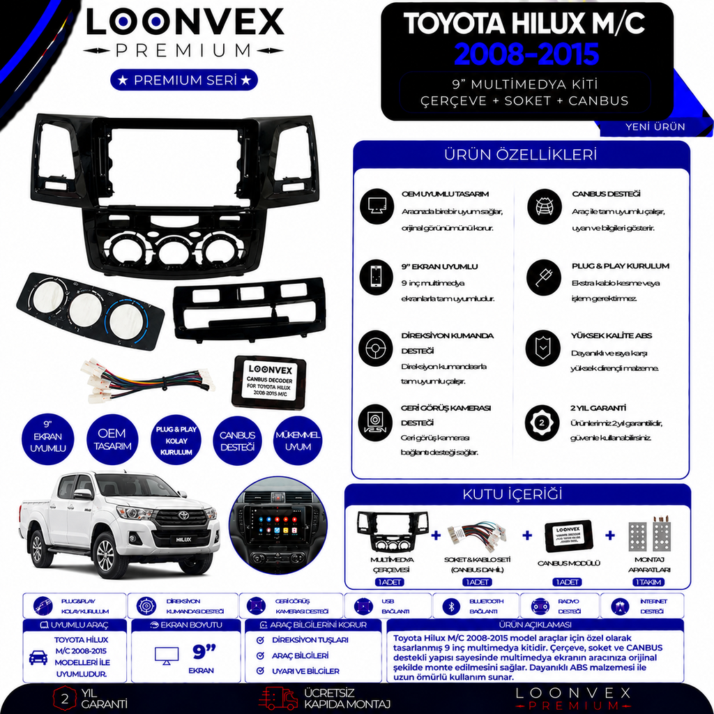 [LNV-CER-0304] Premium Toyota Hilux M/C 2008-2015 9 İnç Multimedya Çerçeve + Soket + CANBUS Montaj Kiti