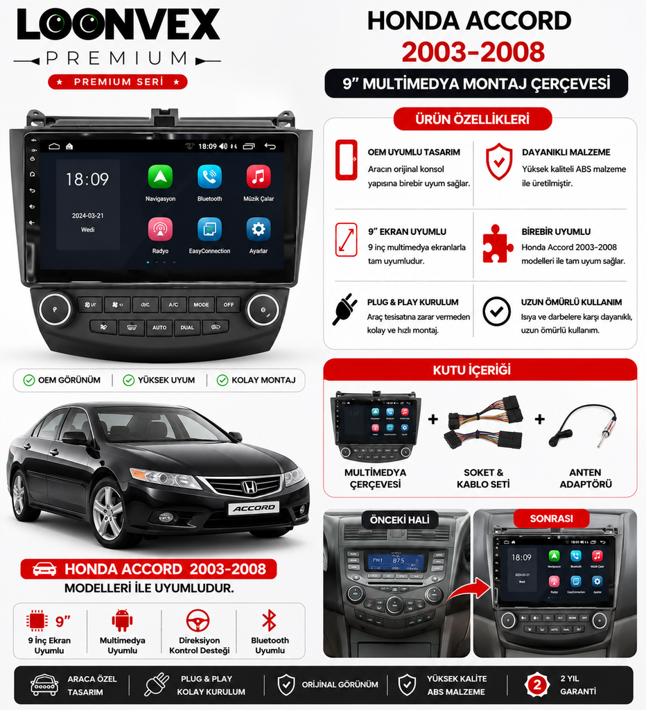 PREMIUM – HONDA ACCORD 2003-2008 9" MULTİMEDYA ÇERÇEVE + SOKET KİTİ
