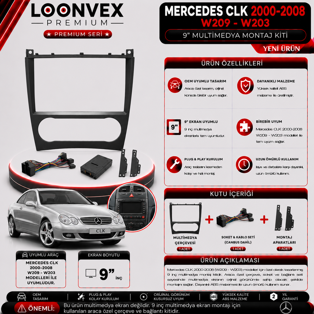 [LNV-CER-0194] PREMIUM MERCEDES CLK 2000-2008 W209-W203 9" MULTİMEDYA MONTAJ KİTİ