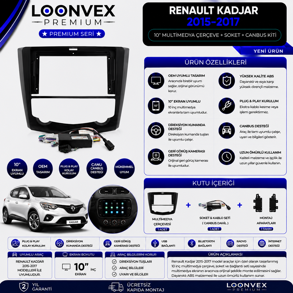 Premium Renault Kadjar 2015-2017 10 İnç Multimedya Çerçeve + Soket + CANBUS Montaj Kiti