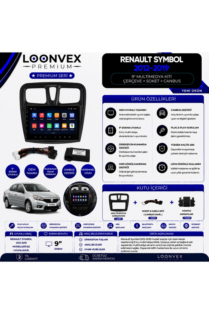 [LNV-CER-0259] Premium Renault Symbol 2012-2019 9 İnç Multimedya Çerçeve + Soket + CANBUS Montaj Kiti