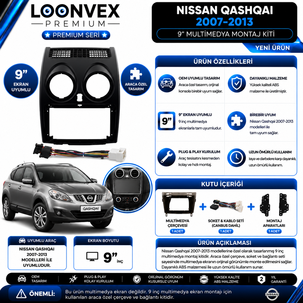 [LNV-CER-0216] Premium Nissan Qashqai 2007-2013 9 İnç Multimedya Teyp Çerçevesi + Soket Montaj Kiti
