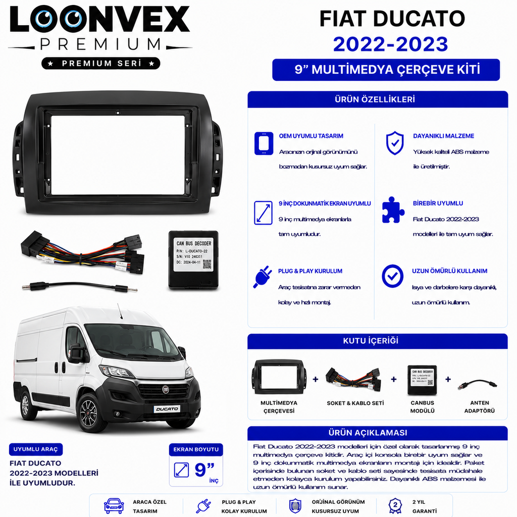 PREMIUM – FIAT DUCATO 2022-2023 9" MULTİMEDYA ÇERÇEVE + SOKET KİTİ