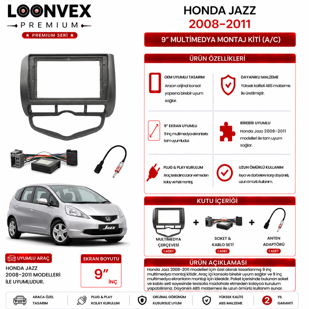 PREMIUM – HONDA JAZZ 2008-2011 A/C 9" MULTİMEDYA ÇERÇEVE + SOKET KİTİ