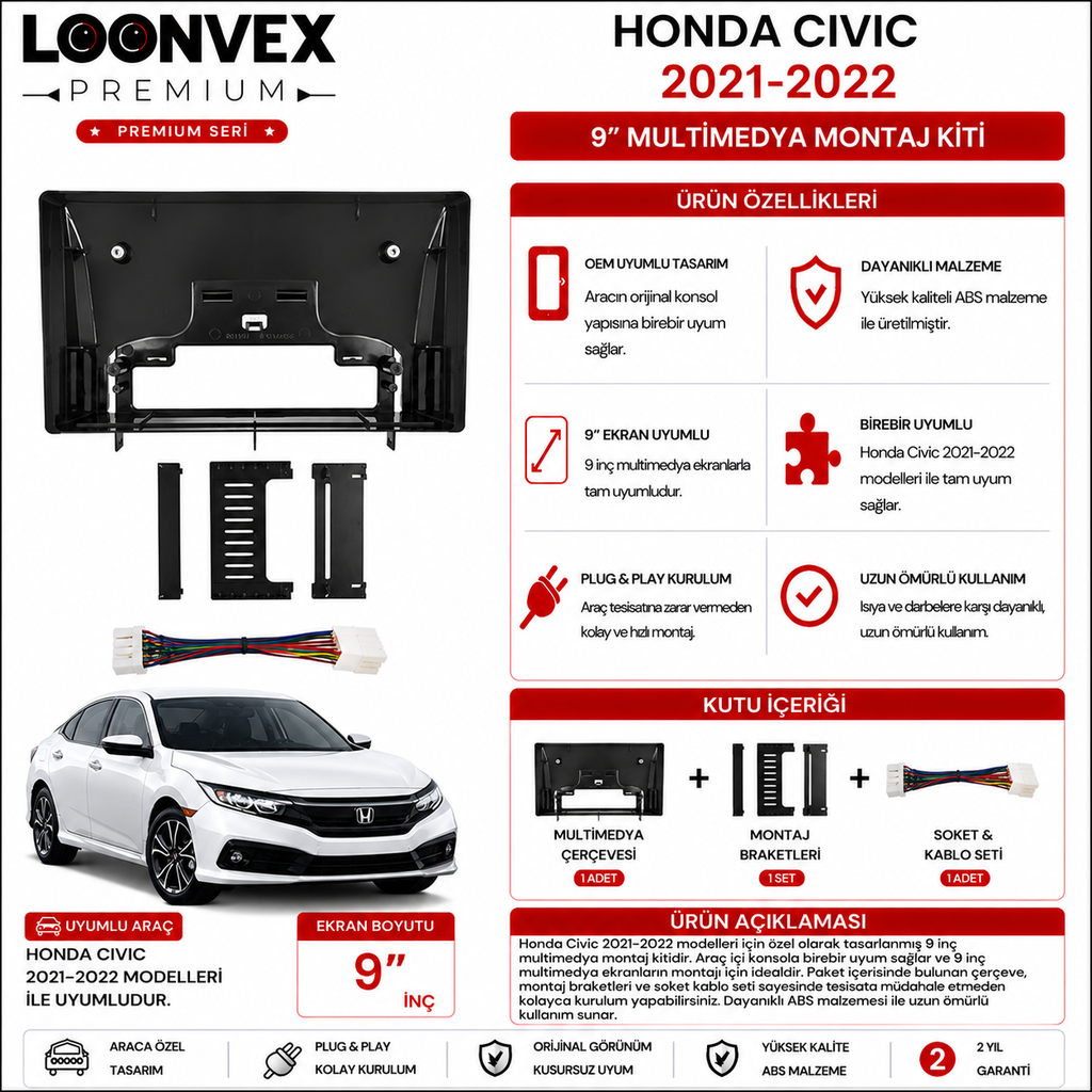 PREMIUM – HONDA CIVIC 2021-2022 9" MULTİMEDYA ÇERÇEVE + SOKET KİTİ
