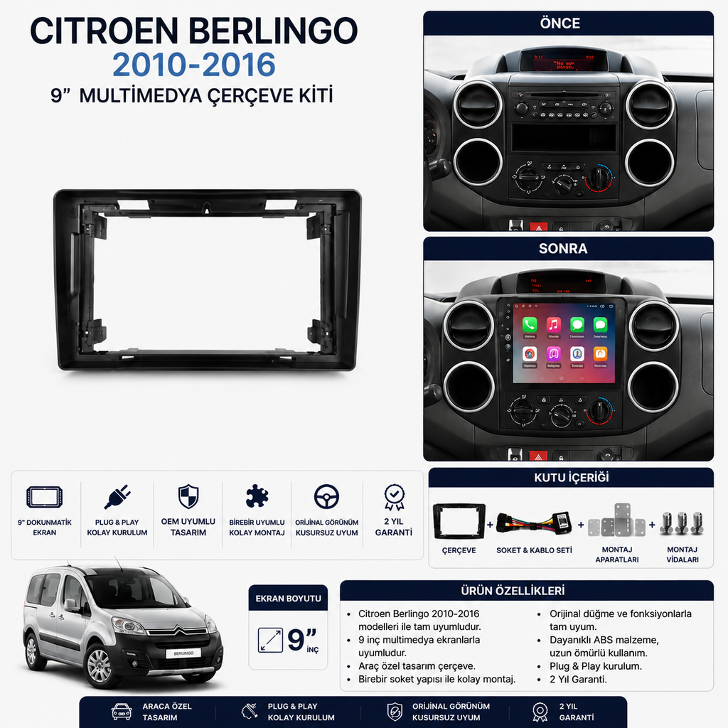 Citroen Berlingo 2010-2016 9 İnç Multimedya Çerçeve + Soket Seti OEM Uyumlu
