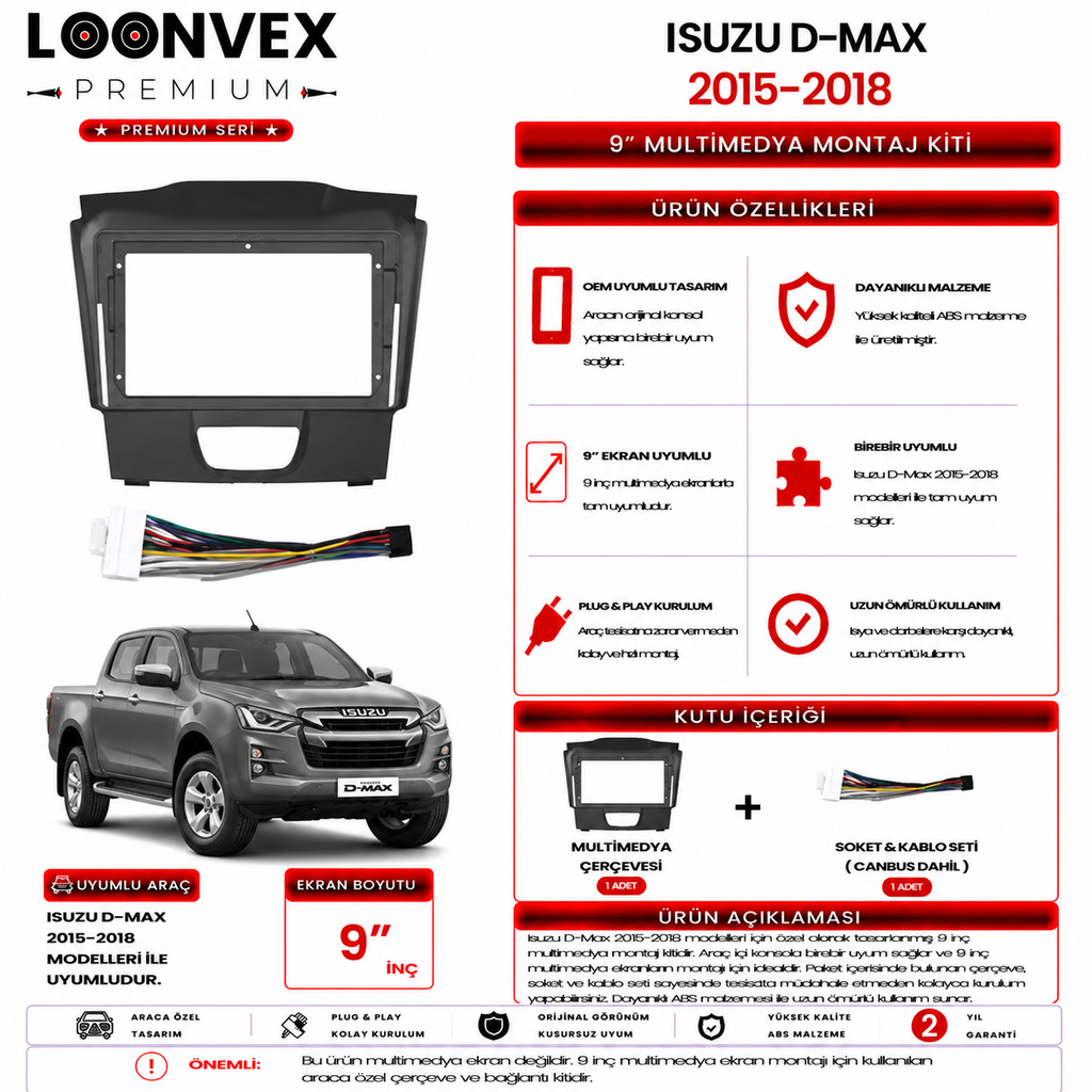 [LNV-CER-0150] PREMIUM – ISUZU D-MAX 2015-2018 9" MULTİMEDYA ÇERÇEVE + SOKET KİTİ