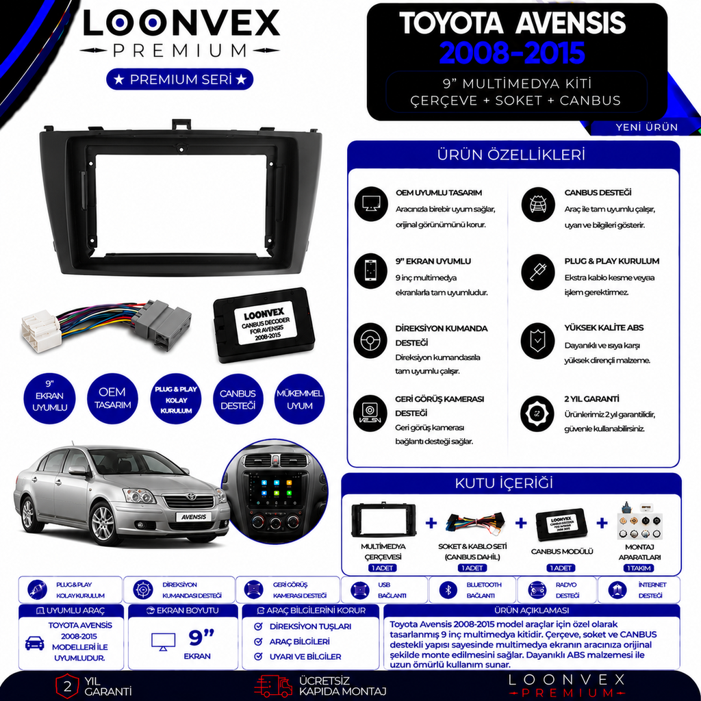 Premium Toyota Avensis 2008-2015 9 İnç Multimedya Çerçeve + Soket + CANBUS Montaj Kiti