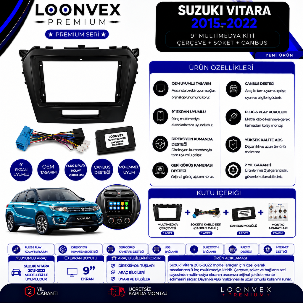 [LNV-CER-0291] Premium Suzuki Vitara 2015-2022 9 İnç Multimedya Çerçeve + Soket + CANBUS Montaj Kiti