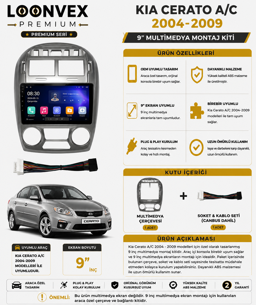PREMIUM – KIA CERATO A/C 2004-2009 9" MULTİMEDYA ÇERÇEVE + SOKET KİTİ