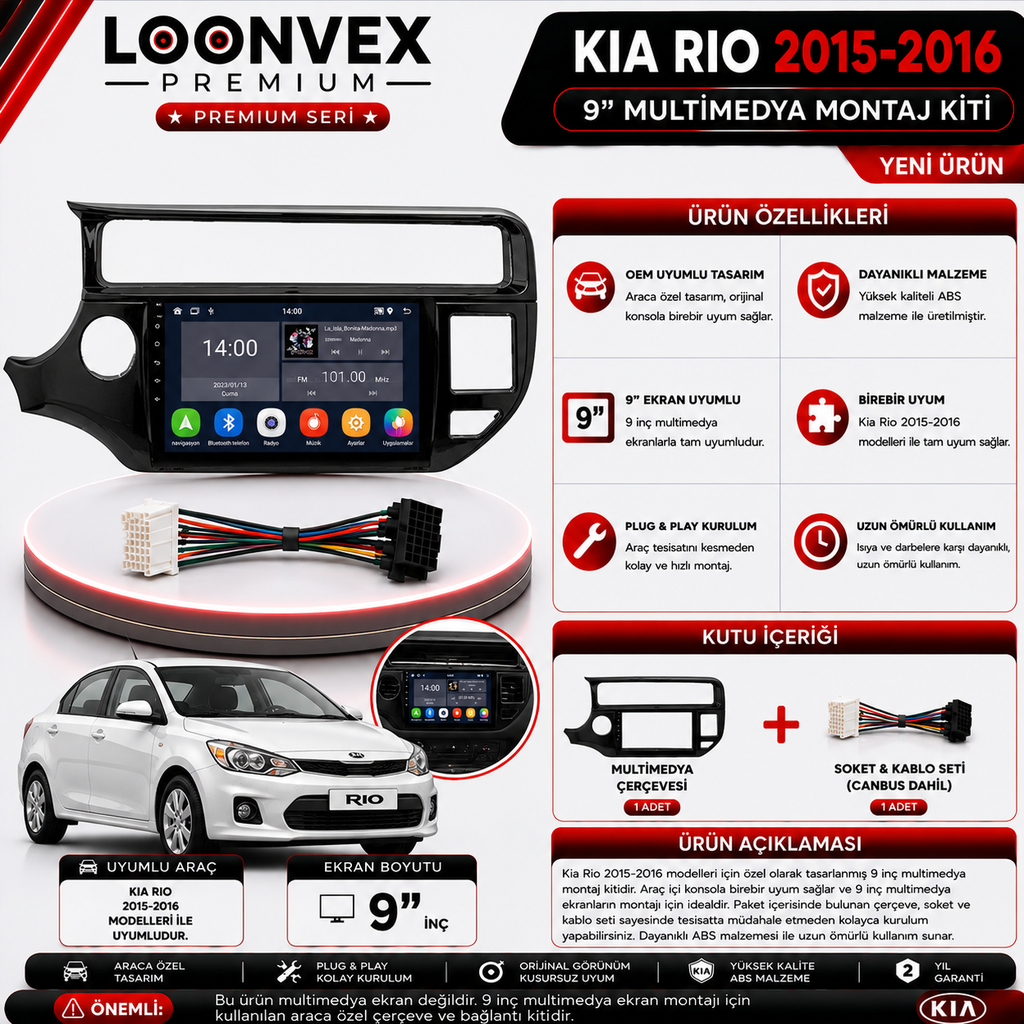 PREMIUM KIA RIO 2015-2016 9" MULTİMEDYA MONTAJ KİTİ