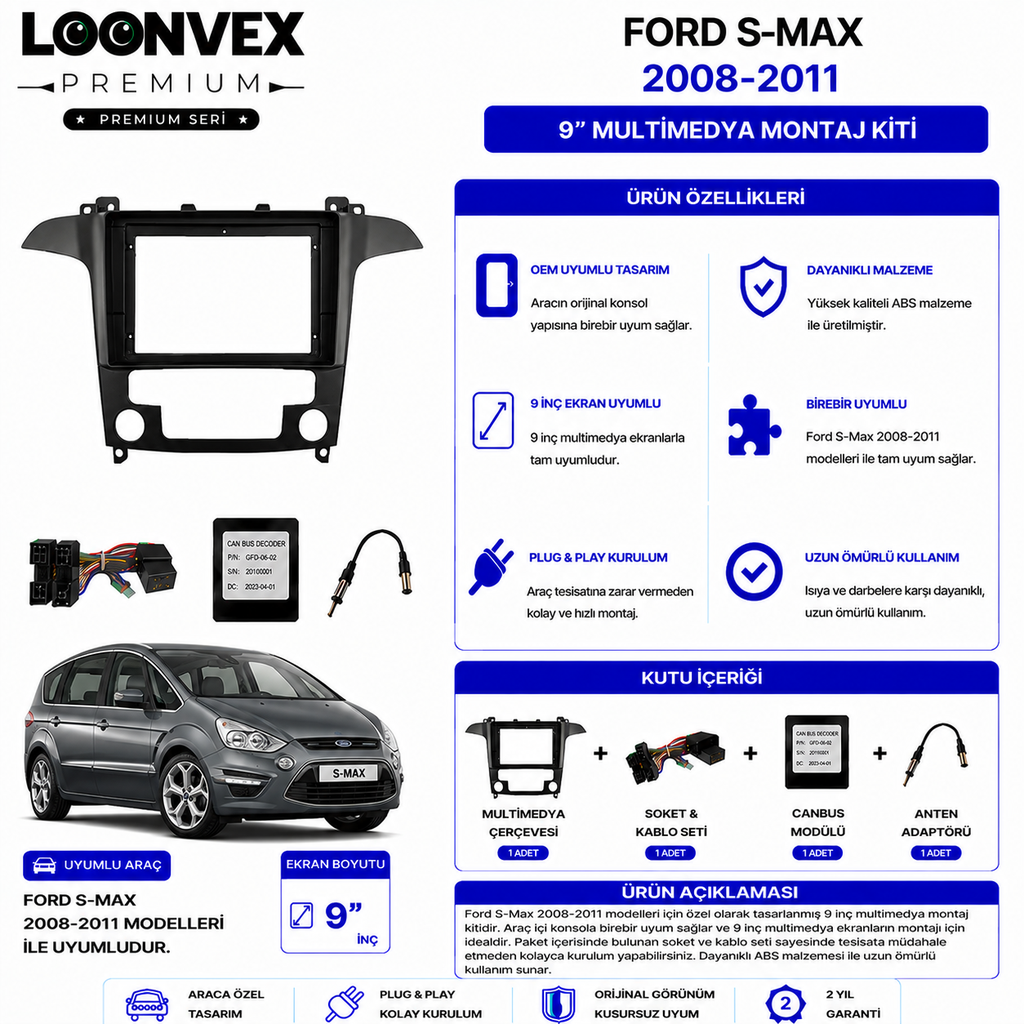 [LNV-CER-0086] PREMIUM – FORD S-MAX 2008-2011 9" MULTİMEDYA ÇERÇEVE + SOKET KİTİ