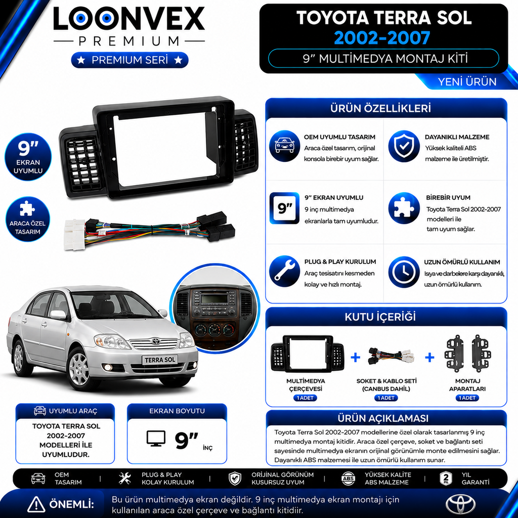 Premium Toyota Terra Sol 2002-2007 9 İnç Multimedya Çerçeve + Soket + CANBUS Montaj Kiti