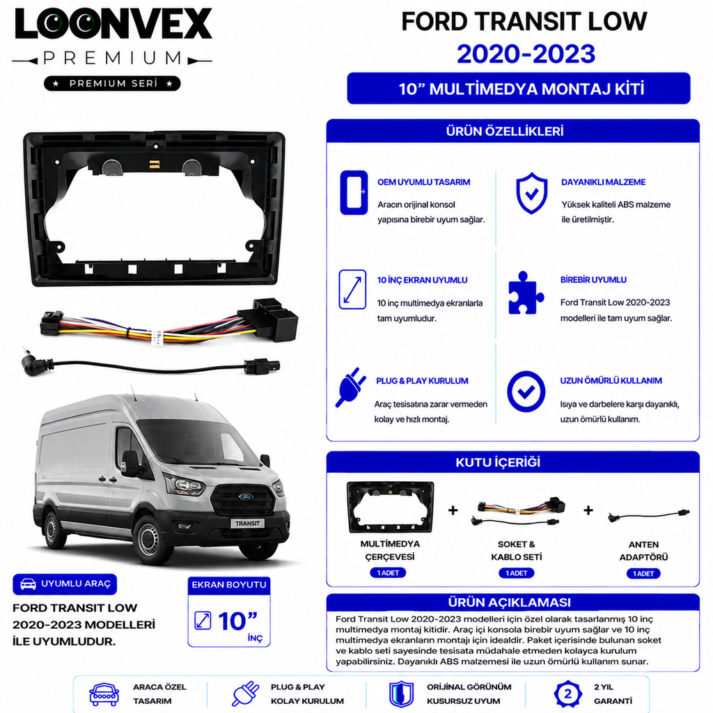 PREMIUM – FORD TRANSIT LOW 2020-2023 10" MULTİMEDYA ÇERÇEVE + SOKET KİTİ