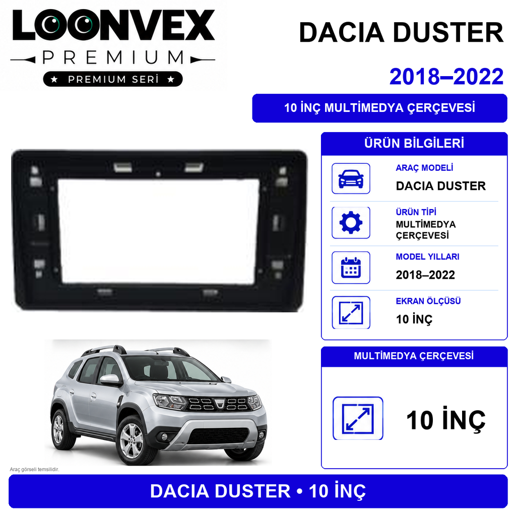 [LNV-CER-0034] LOONVEX Dacia Duster II / HM (İkinci Nesil) 2021-2025 10 İnç Multimedya Çerçeve + Soket Kiti