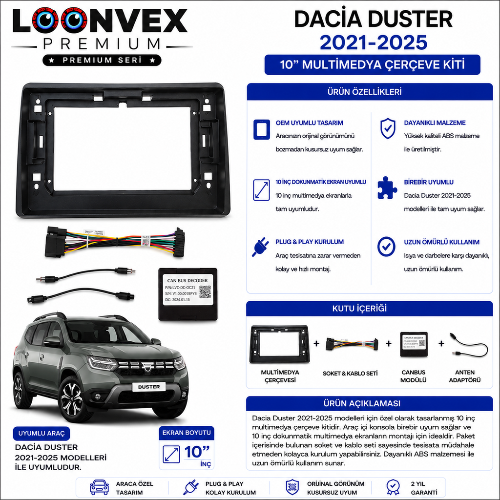 PREMIUM – DACIA DUSTER 2021-2025 10" MULTİMEDYA ÇERÇEVE + SOKET KİTİ