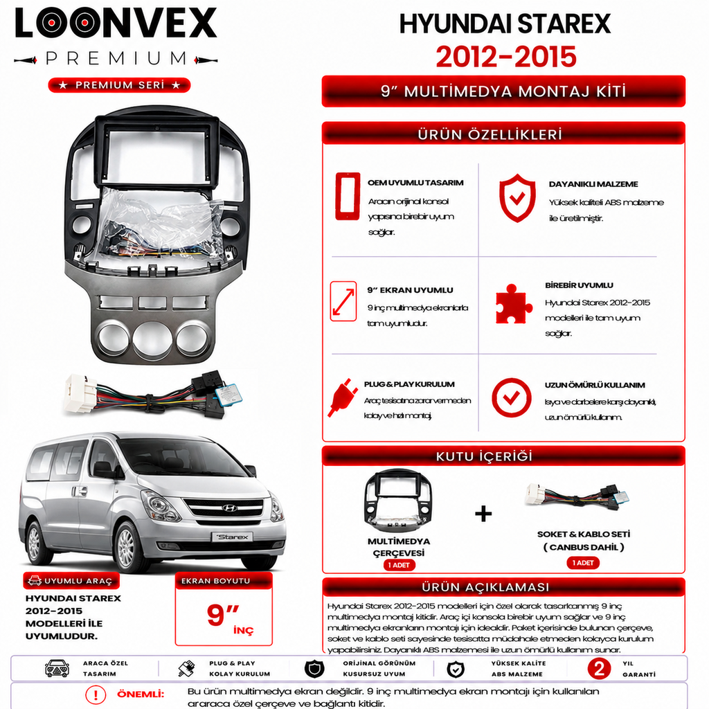 PREMIUM – HYUNDAI STAREX 2012-2015 9" MULTİMEDYA ÇERÇEVE + SOKET KİTİ