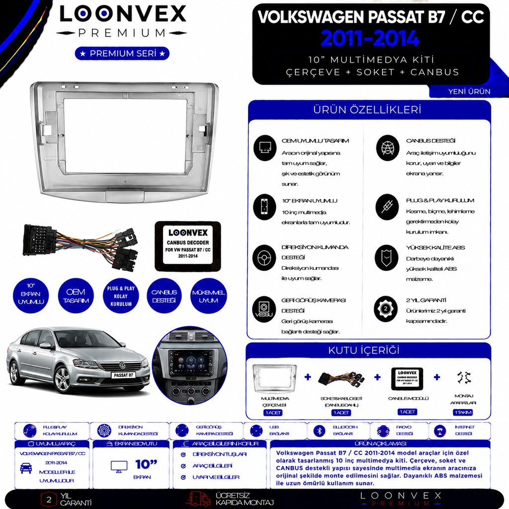 Premium Volkswagen Passat B8 2015-2019 10" Multimedya Çerçeve Kiti