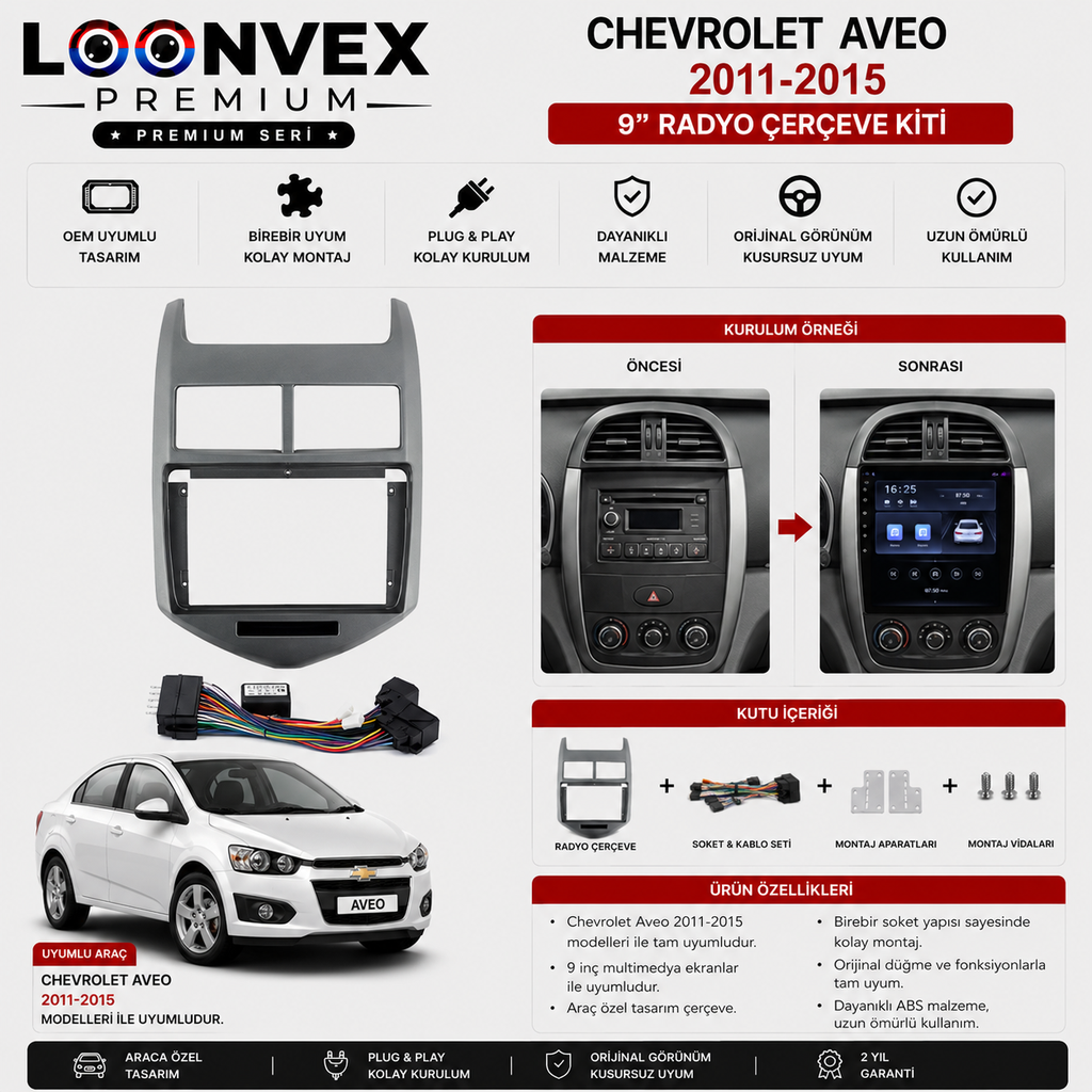 Chevrolet Aveo 2011-2015 9 İnç Multimedya Çerçeve + Soket Seti OEM Uyumlu
