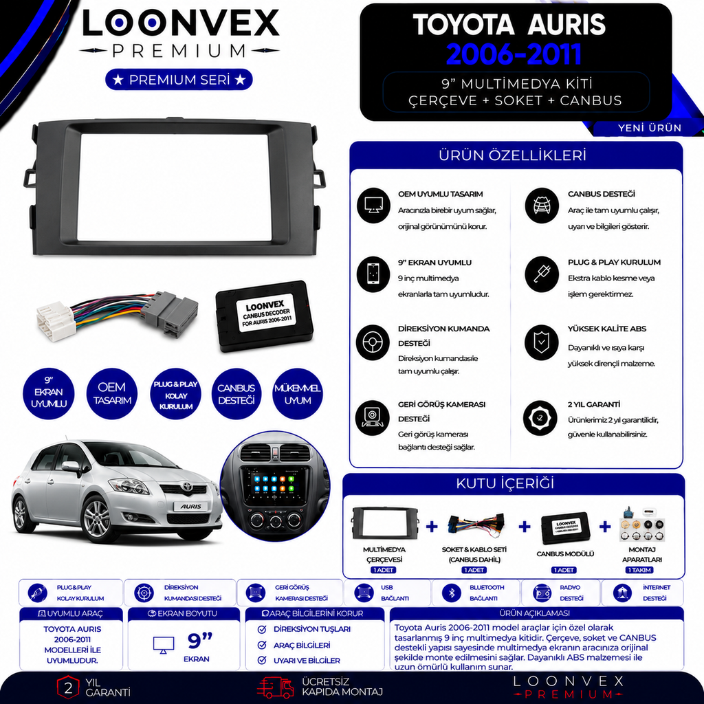 Premium Toyota Auris 2006-2011 9 İnç Multimedya Çerçeve + Soket + CANBUS Montaj Kiti
