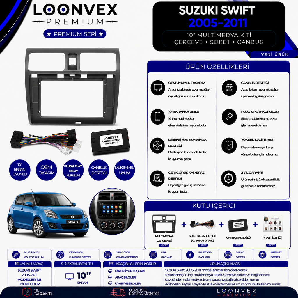 Premium Suzuki Swift 2005-2011 10 İnç Multimedya Çerçeve + Soket + CANBUS Montaj Kiti
