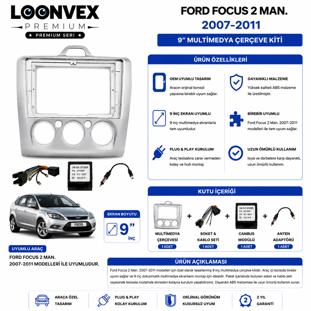 PREMIUM – FORD FOCUS 2 MAN. 2007-2011 9" MULTİMEDYA ÇERÇEVE + SOKET KİTİ