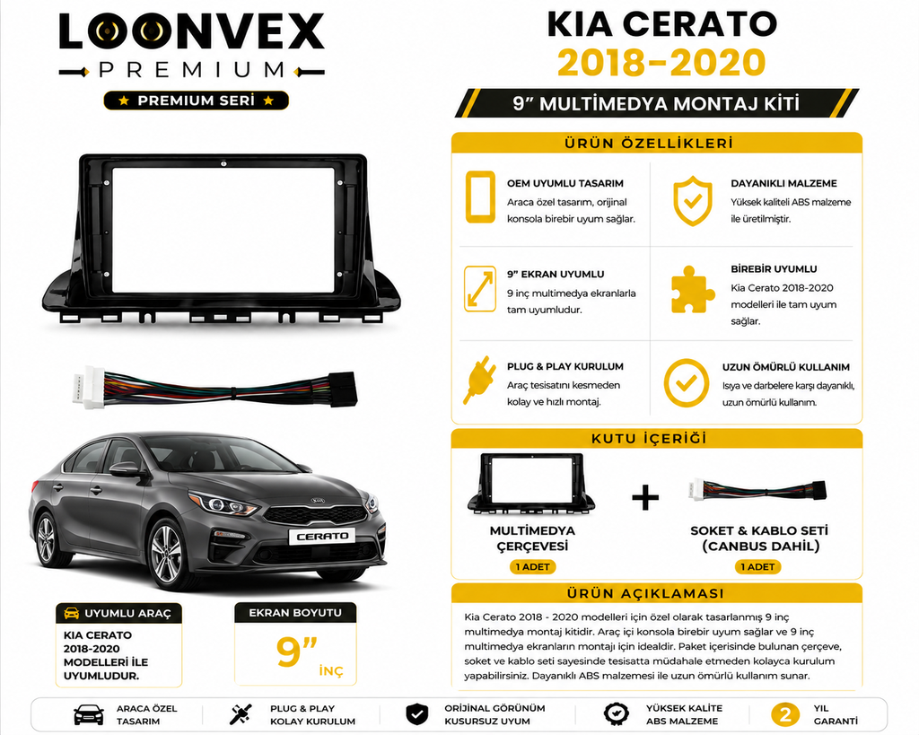 PREMIUM – KIA CERATO 2018-2020 9" MULTİMEDYA ÇERÇEVE + SOKET KİTİ