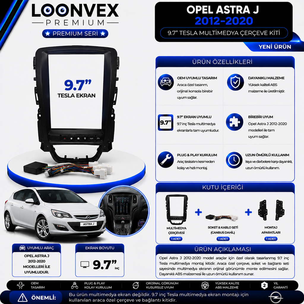 [LNV-CER-0220] Premium Opel Astra J 2012-2020 9.7 İnç Tesla Multimedya Çerçeve ve Soket Montaj Kiti
