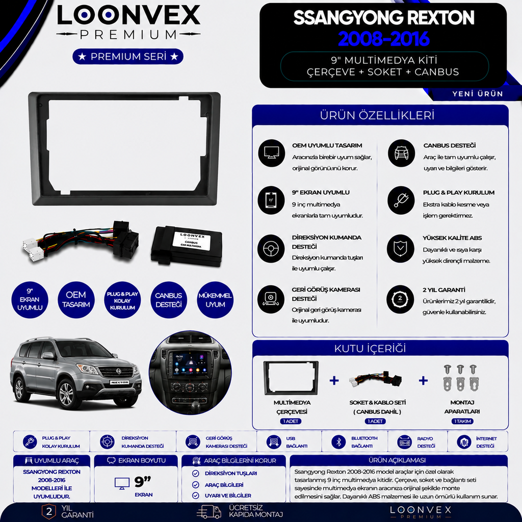 Premium SsangYong Rexton 2008-2016 9 İnç Multimedya Çerçeve + Soket + CANBUS Montaj Kiti