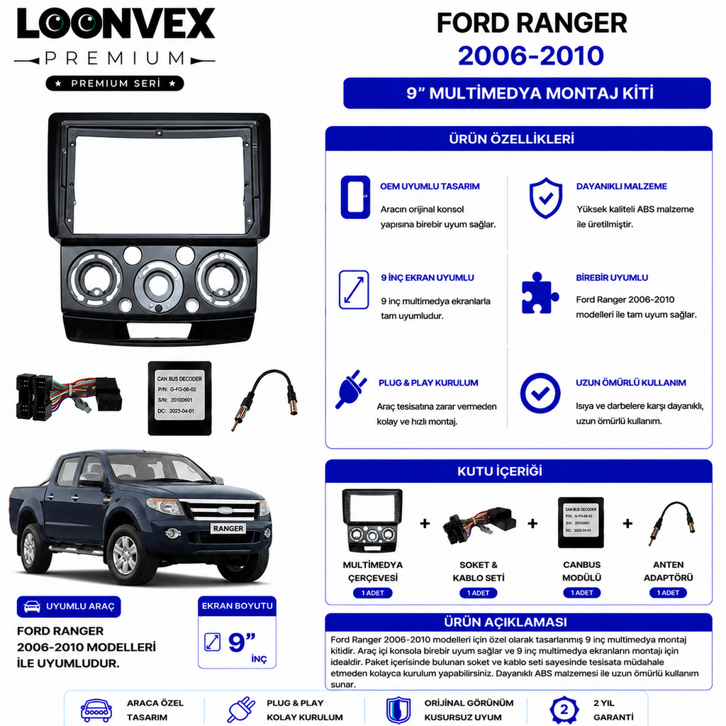 [LNV-CER-0083] PREMIUM – FORD RANGER 2006-2010 9" MULTİMEDYA ÇERÇEVE + SOKET KİTİ