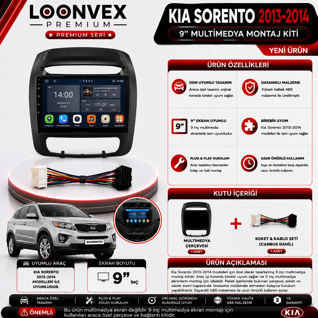PREMIUM KIA SORENTO 2013-2014 9" MULTİMEDYA MONTAJ KİTİ