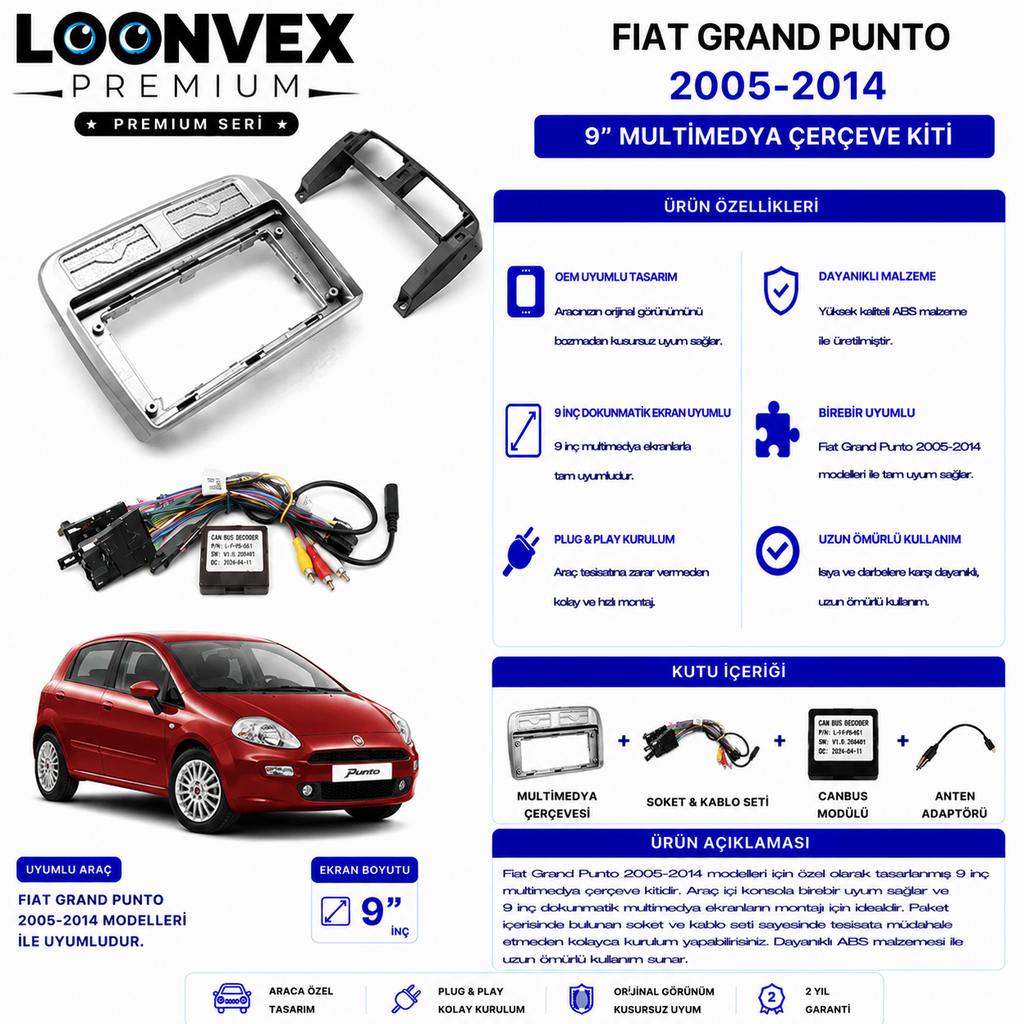 PREMIUM – FIAT GRAND PUNTO 2005-2014 9" MULTİMEDYA ÇERÇEVE + SOKET KİTİ