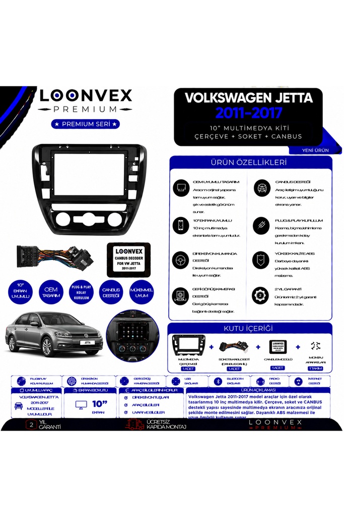 [LNV-CER-0324] Premium Volkswagen Jetta 2011-2017 10 İnç Multimedya Çerçeve + Soket + CANBUS Montaj Kiti